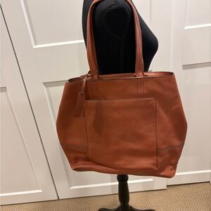 J. Crew Brown Leather Tote Bag with Red Liner